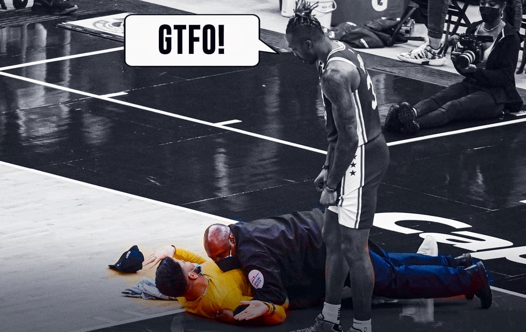 终身禁赛！NBA球迷进场摸篮板被扑倒在地，比尔的表情笑岔气！